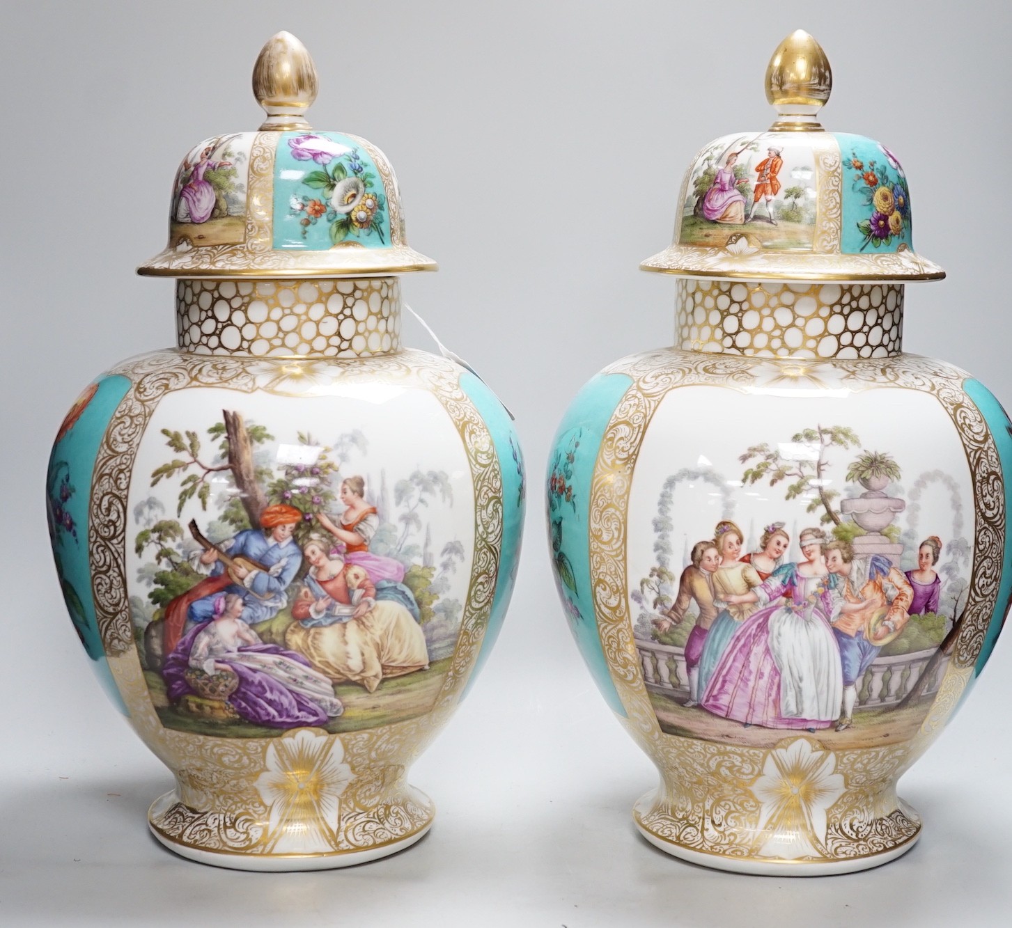 A pair of large Helena Wolfsohn, Dresden porcelain ovoid vases and covers, 43cm